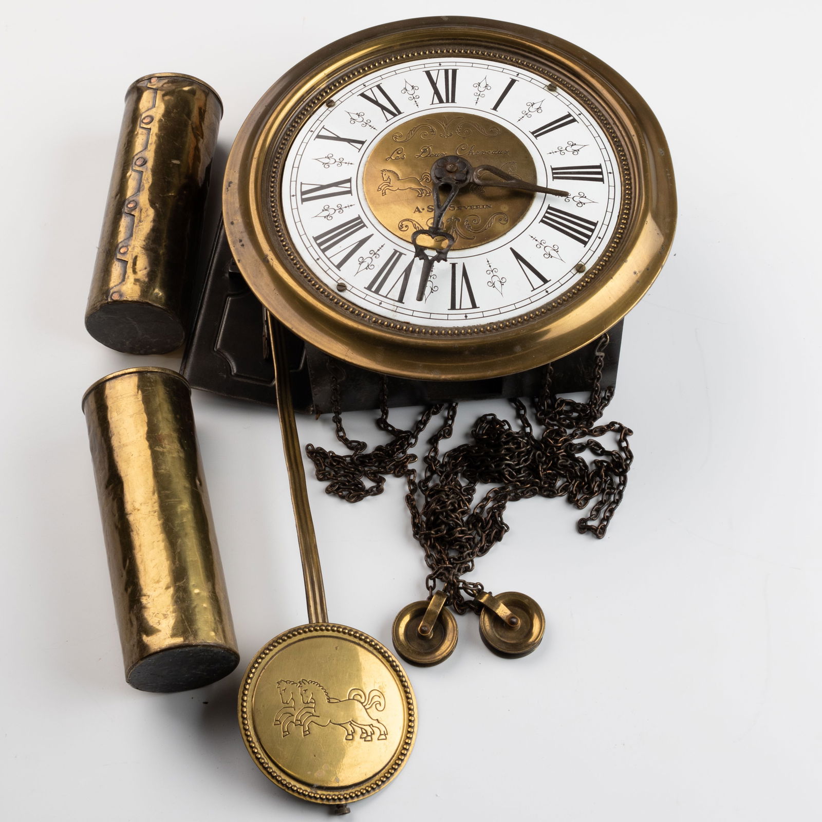 ANTIQUE FRENCH ENGRAVED HORSES BRASS PENDULUM CLOCK WITH WEIGHTS (1 of 7)