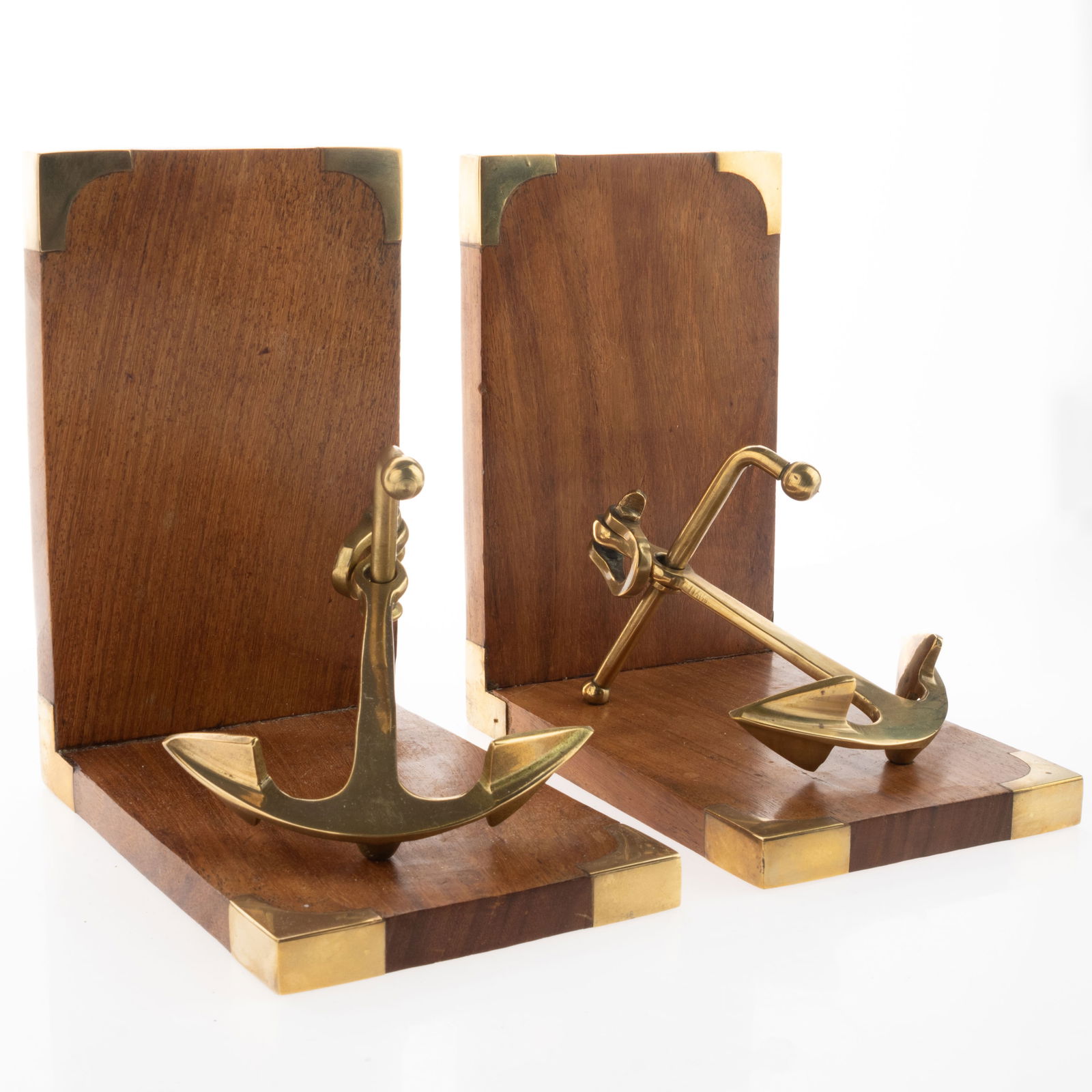 ANTIQUE SET OF NAUTICAL MARITIME SHIP ANCHOR MAHOGANY & BRASS BOOKENDS (1 of 3)