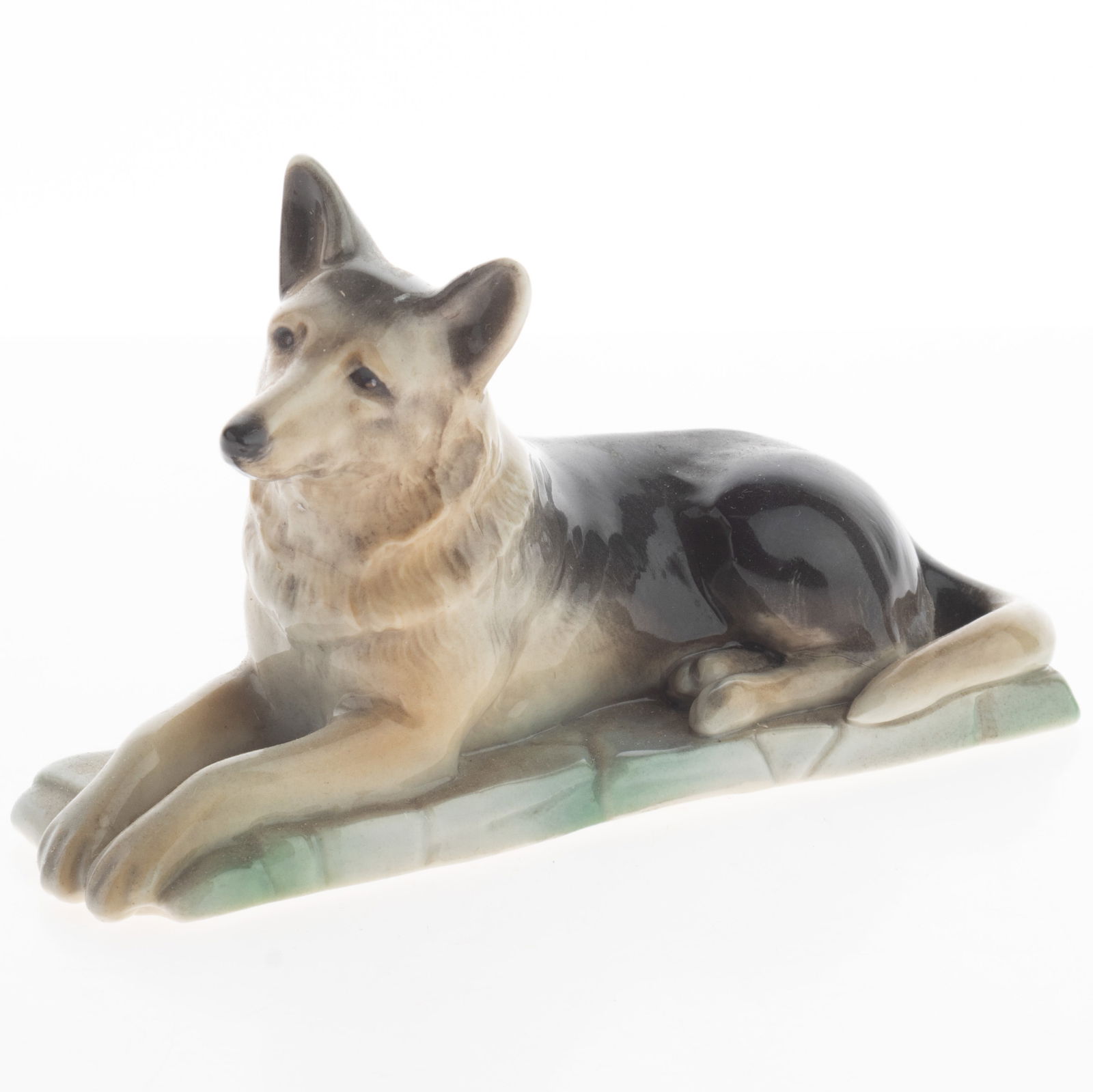 ANTIQUE ART DECO POLYCHROME PORCELAIN CERAMIC GERMAN SHEPHERD DOG FIGURE (1 of 3)