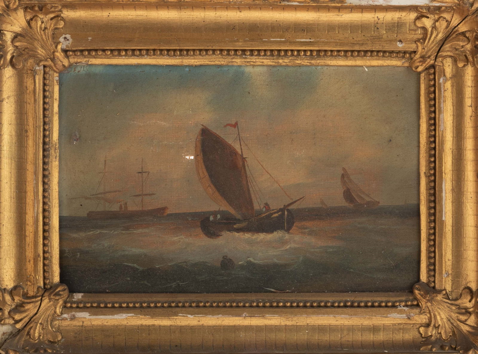 ANTIQUE NAUTICAL MARITIME SHIPS OIL PAINTING ON CANVAS IN GILT FRAME 19TH CENTURY (1 of 3)