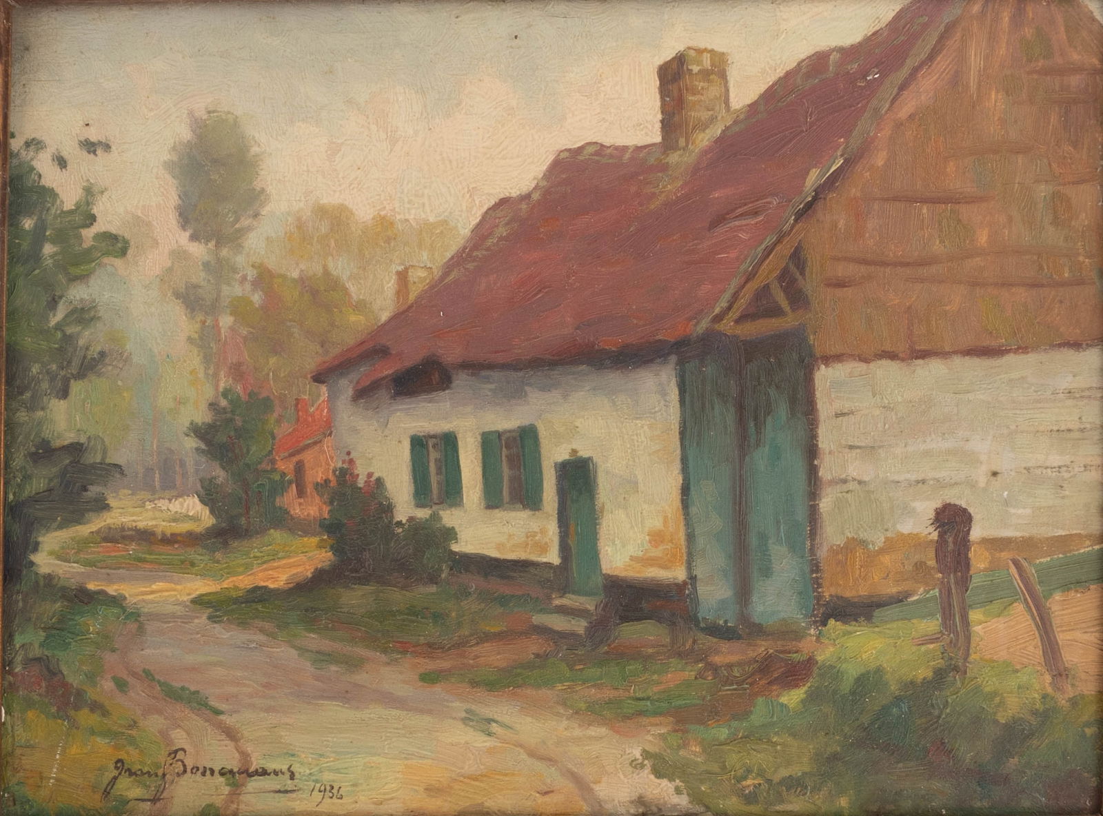 ANTIQUE FRENCH FARMHOUSE OIL PAINTING SIGNED & DATED (1 of 3)