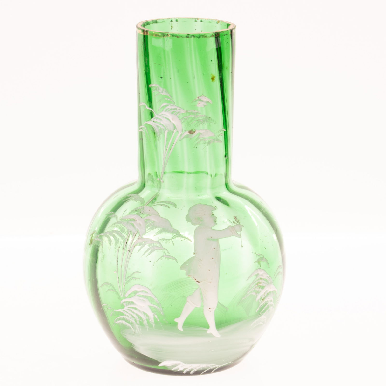 ANTIQUE MARY GREGORY GREEN ENAMEL PAINTED GLASS VASE 19TH CENTURY: Kindly examine all photographs provided in this listing or ask for a condition report. All items offered are in generally good, pre-owned condition, unless otherwise specifically described. The item i