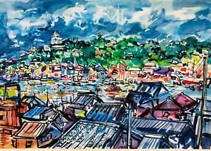 David Smith. An Extensive view of a Japanese City. W/col. ca. 1960s.: David Smith 1920-1998 Painter using a richly Expressionist palette, draughtsman, printmaker and teacher, born in Lowestoft, Suffolk, where he attended the Technical School, also Lowestoft and Norwich