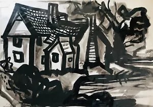 Willy Lot's Cottage, Suffolk by David Smith. Ink / W/col. ca. 1955: David Smith 1920-1998 Painter using a richly Expressionist palette, draughtsman, printmaker and teacher, born in Lowestoft, Suffolk, where he attended the Technical School, also Lowestoft and Norwich