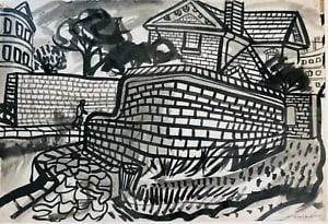 Study of a heavy Walled House by David Smith. Ink / W/col. ca. 1953: David Smith 1920-1998 Painter using a richly Expressionist palette, draughtsman, printmaker and teacher, born in Lowestoft, Suffolk, where he attended the Technical School, also Lowestoft and Norwich