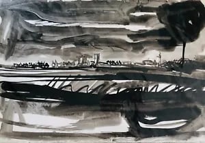 Study of an Extensive Landscape by David Smith. Ink / W/col. ca. 1956: David Smith 1920-1998 Painter using a richly Expressionist palette, draughtsman, printmaker and teacher, born in Lowestoft, Suffolk, where he attended the Technical School, also Lowestoft and Norwich