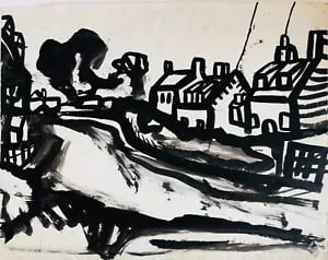A View of Yorkshire with Cottages by David Smith. Ink / W/col. ca. 1955: David Smith 1920-1998 Painter using a richly Expressionist palette, draughtsman, printmaker and teacher, born in Lowestoft, Suffolk, where he attended the Technical School, also Lowestoft and Norwich