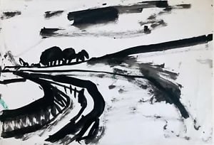 Extensive View of Norfolk by David Smith. Ink / W/col. ca. 1954: David Smith 1920-1998 Painter using a richly Expressionist palette, draughtsman, printmaker and teacher, born in Lowestoft, Suffolk, where he attended the Technical School, also Lowestoft and Norwich