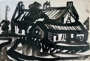 View of Cottages, Norfolk by David Smith. Ink / W/col. ca. 1955: David Smith 1920-1998 Painter using a richly Expressionist palette, draughtsman, printmaker and teacher, born in Lowestoft, Suffolk, where he attended the Technical School, also Lowestoft and Norwich