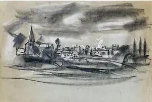 View of a Norfolk Village by David Smith. Charcoal & Chalk. ca. 1956: David Smith 1920-1998 Painter using a richly Expressionist palette, draughtsman, printmaker and teacher, born in Lowestoft, Suffolk, where he attended the Technical School, also Lowestoft and Norwich