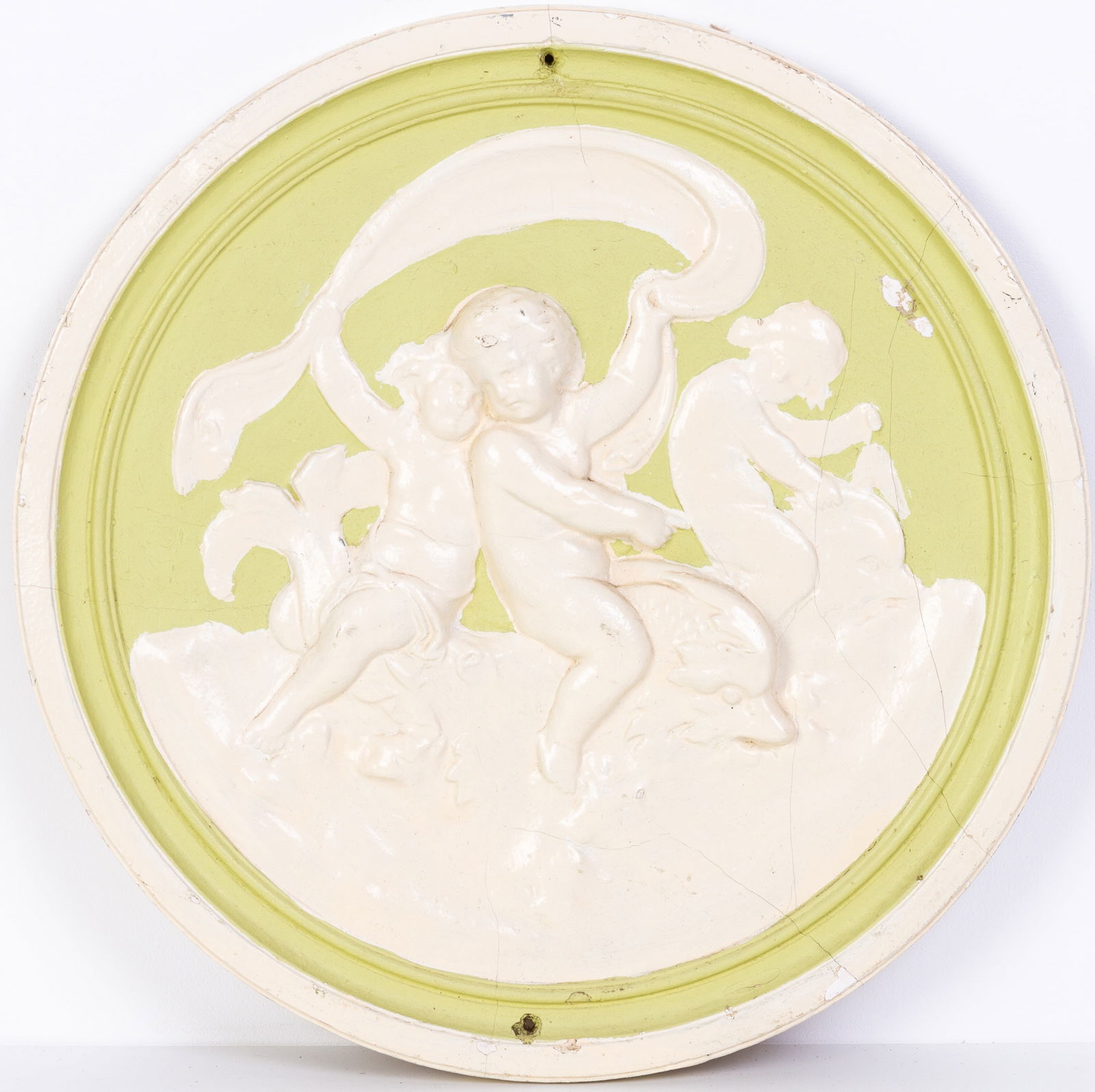 ANTIQUE CHERUBS PLASTER MEDALLION ROUNDEL WALL HANGING: From a collection of Wedgwood and other selected ceramic/porcelain objects. Kindly examine all photographs provided in this listing or ask for a condition report. All items offered are in generally go