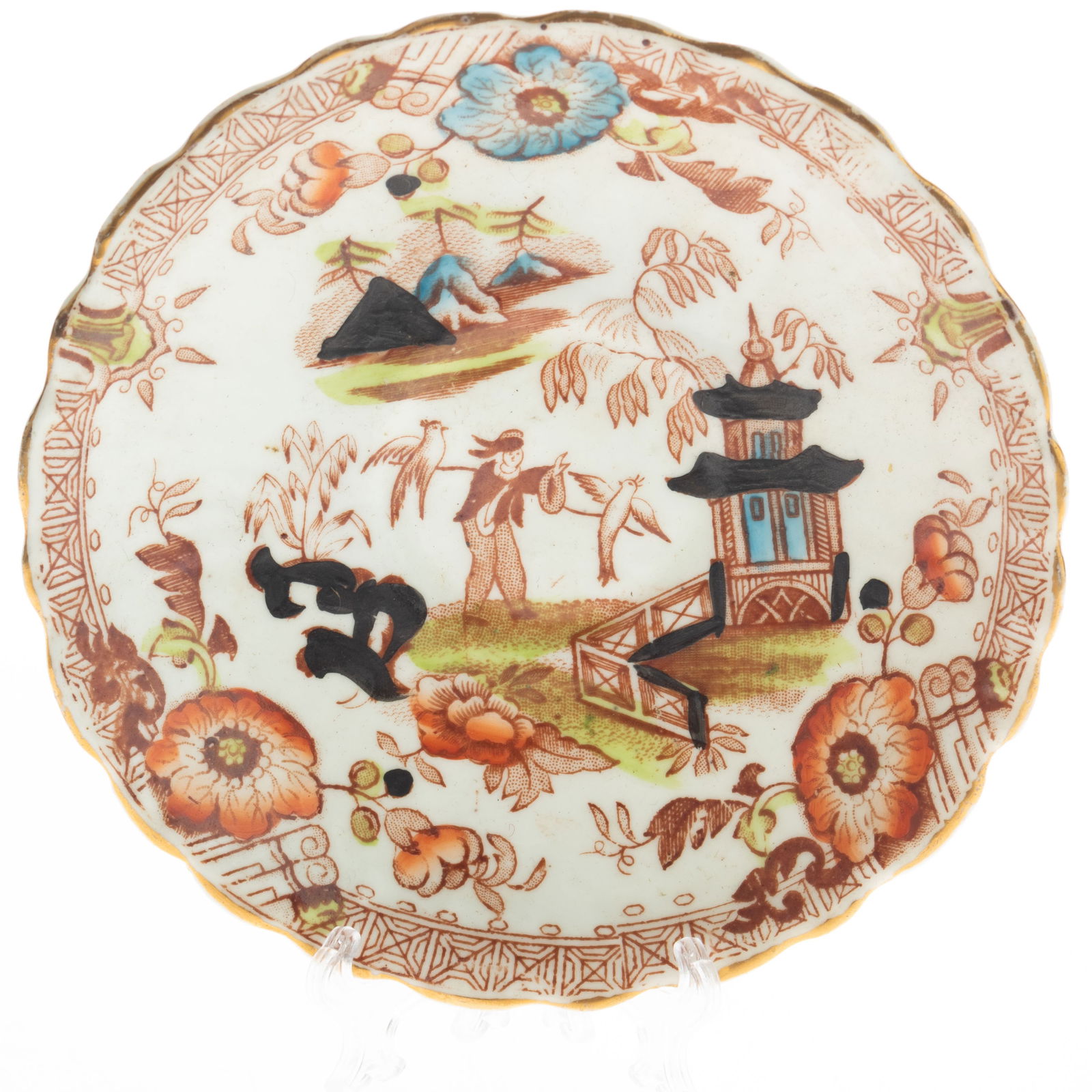 ANTIQUE 18TH CENTURY WORCESTER CHINOISERIE PORCELAIN CERAMIC TRANSFERWARE PLATE (1 of 3)