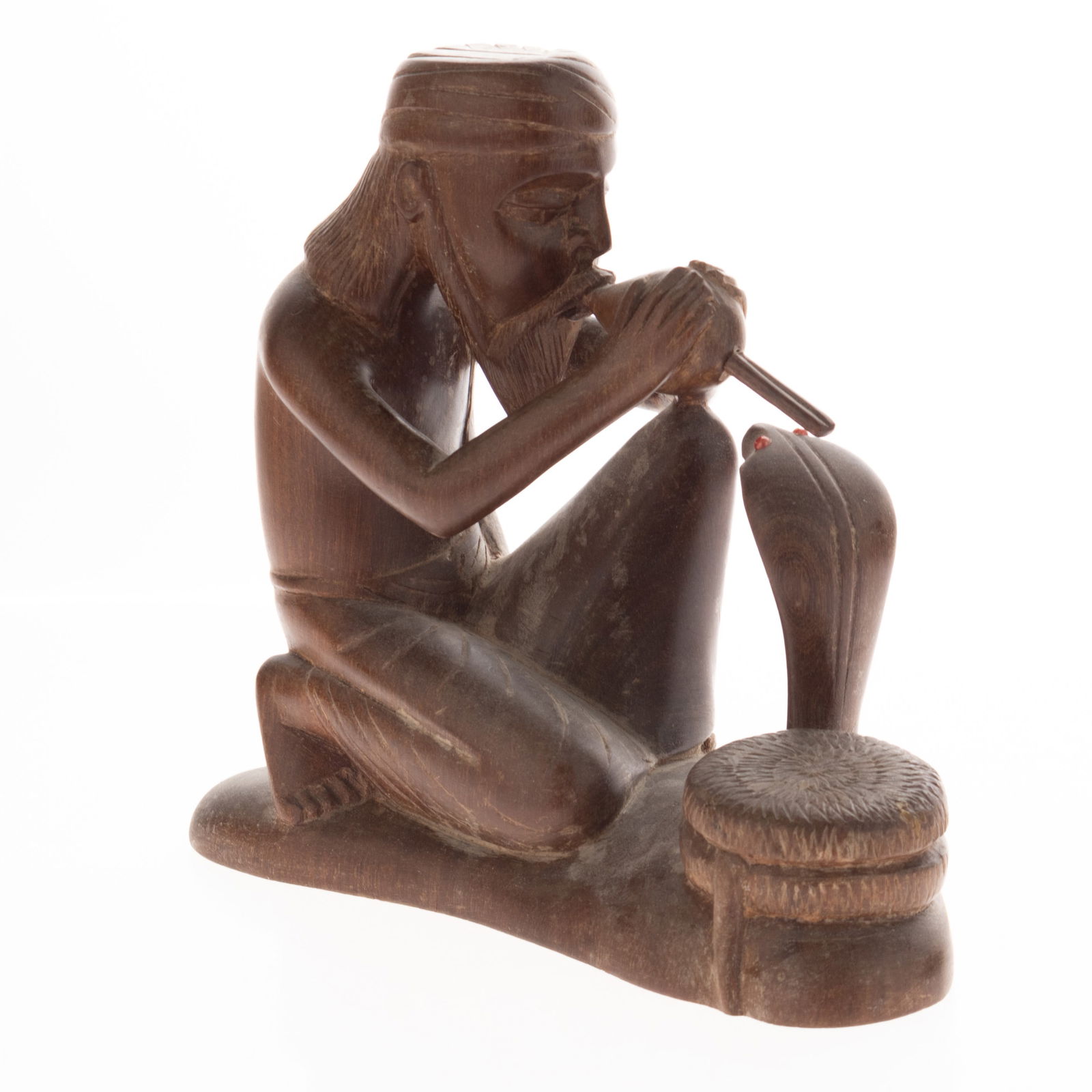 MID CENTURY ORIENTAL CARVED WOODEN SCULPTURE FIGURE OF A SNAKE CHARMER (1 of 2)