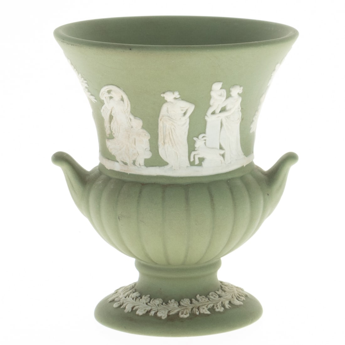 WEDGWOOD GREEN JASPER CLASSICAL CAMEO URN VASE: Kindly examine all photographs provided in this listing or ask for a condition report. All items offered are in generally good, pre-owned condition, unless otherwise specifically described. The item i