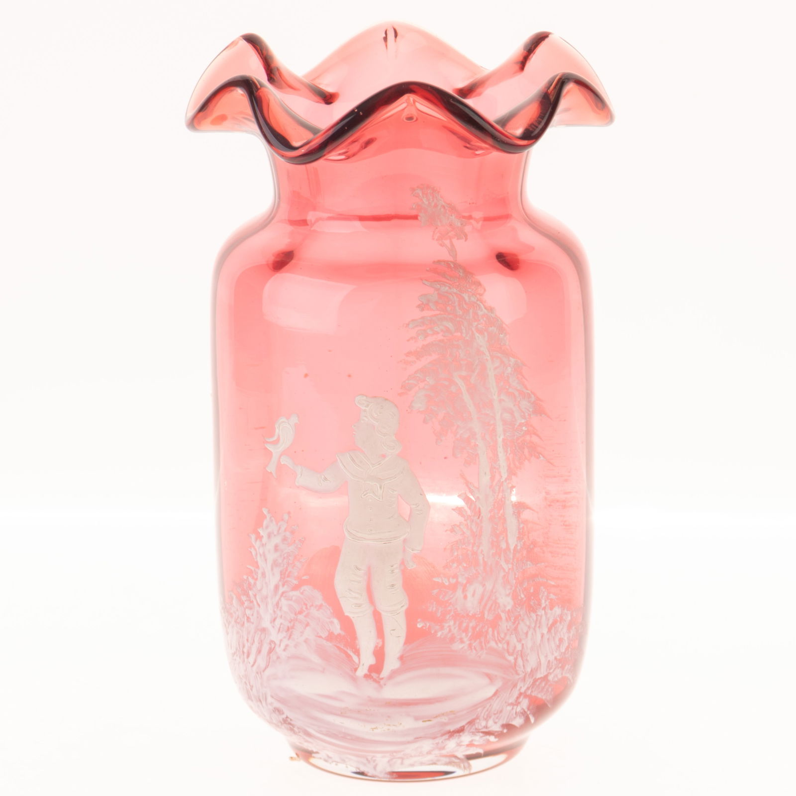 ANTIQUE MARY GREGORY PINK ENAMEL PAINTED GLASS VASE 19TH CENTURY (1 of 3)