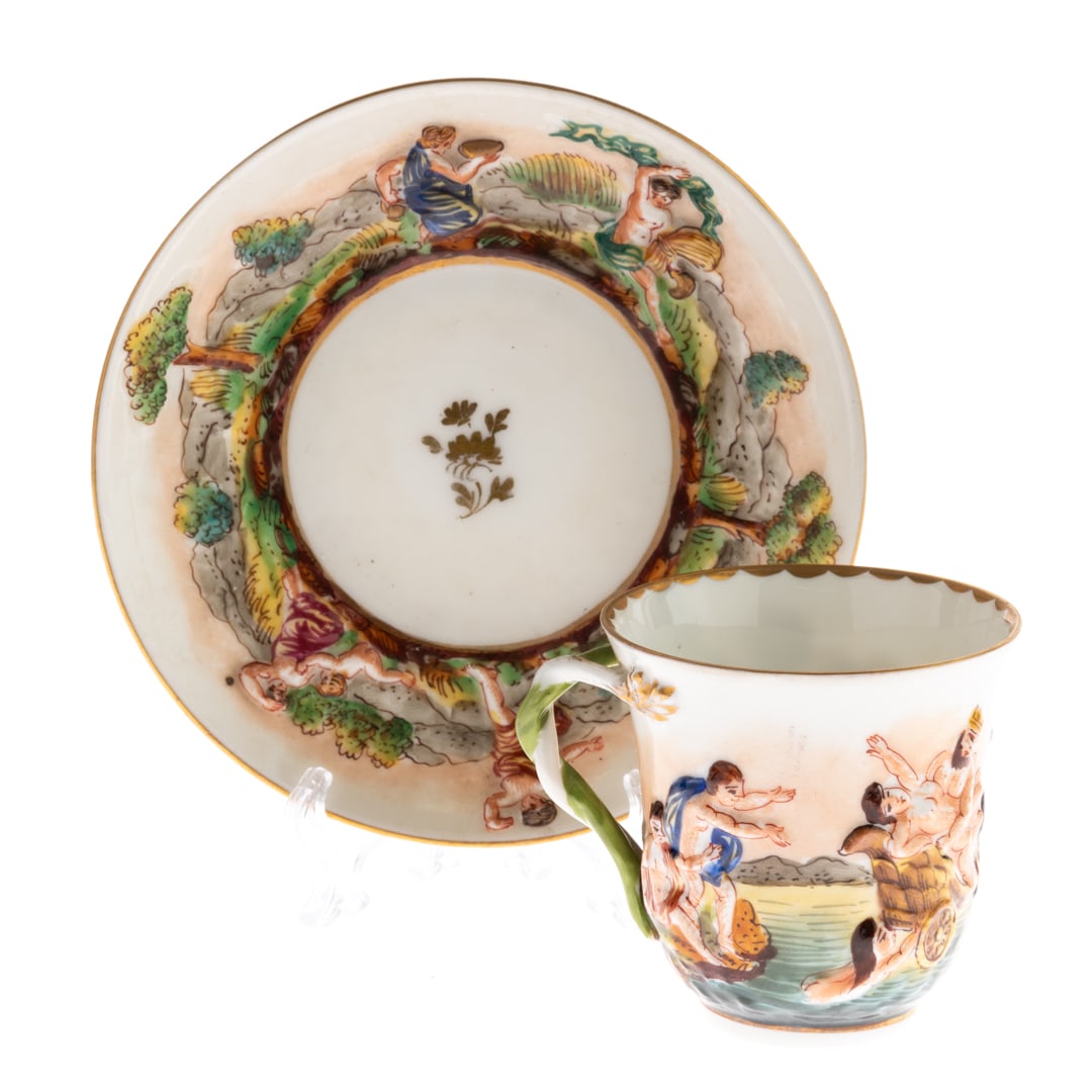 CAPODIMONTE ITALIAN PORCELAIN CUP WITH SAUCER: From a collection of Wedgwood and other selected ceramic/porcelain objects. Kindly examine all photographs provided in this listing or ask for a condition report. All items offered are in generally go