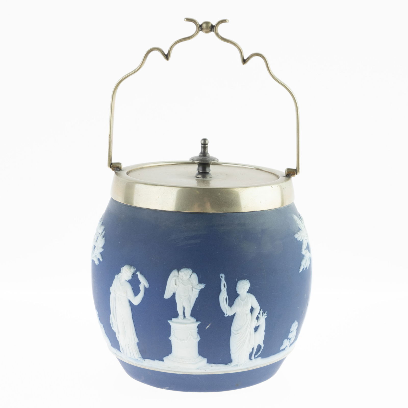 ANTIQUE WEDGWOOD BLUE CAMEO JASPERWARE BISCUIT BARREL (1 of 4)