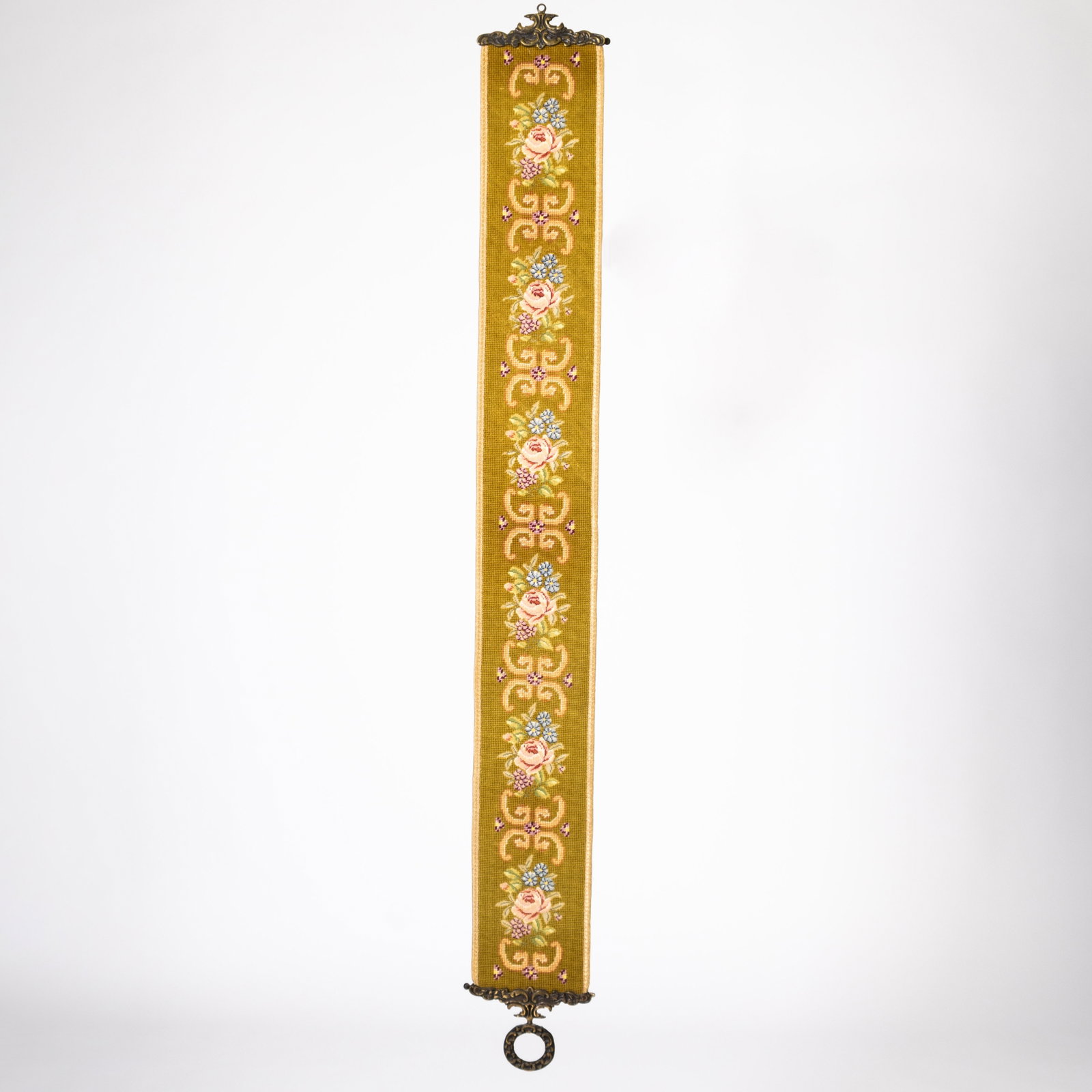 VINTAGE EMBROIDERY WALL HANGING WITH BRONZE MOUNTS: From a collection of Wedgwood and other selected ceramic/porcelain objects. Kindly examine all photographs provided in this listing or ask for a condition report. All items offered are in generally go