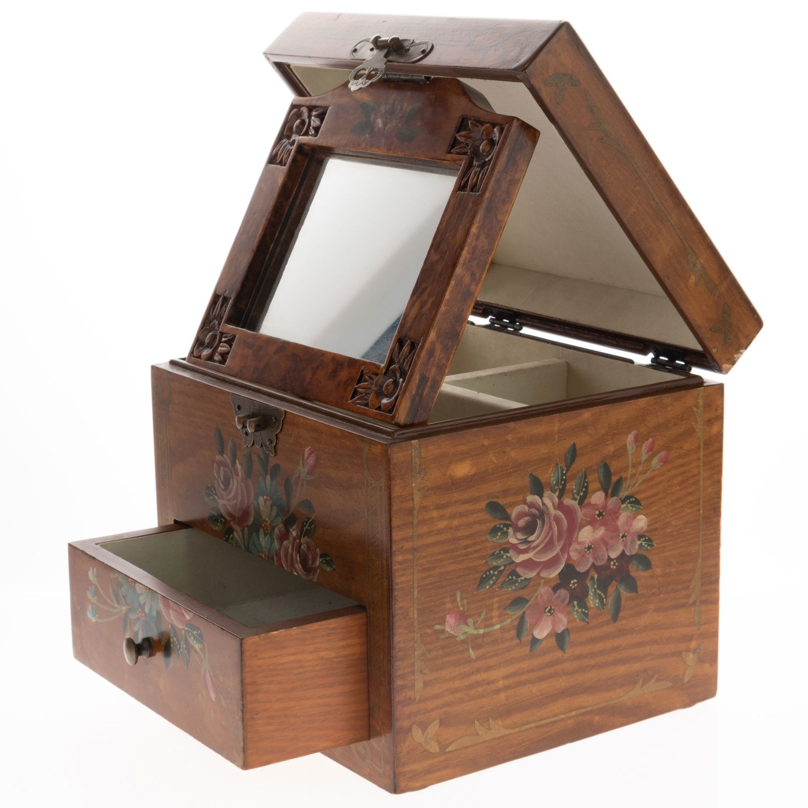 ANTIQUE CARVED JAPANESE WOODEN POLYCHROME JEWELLERY BOX WITH MIRROR AND DRAWER: Kindly examine all photographs provided in this listing or ask for a condition report. All items offered are in generally good, pre-owned condition, unless otherwise specifically described, sold as se