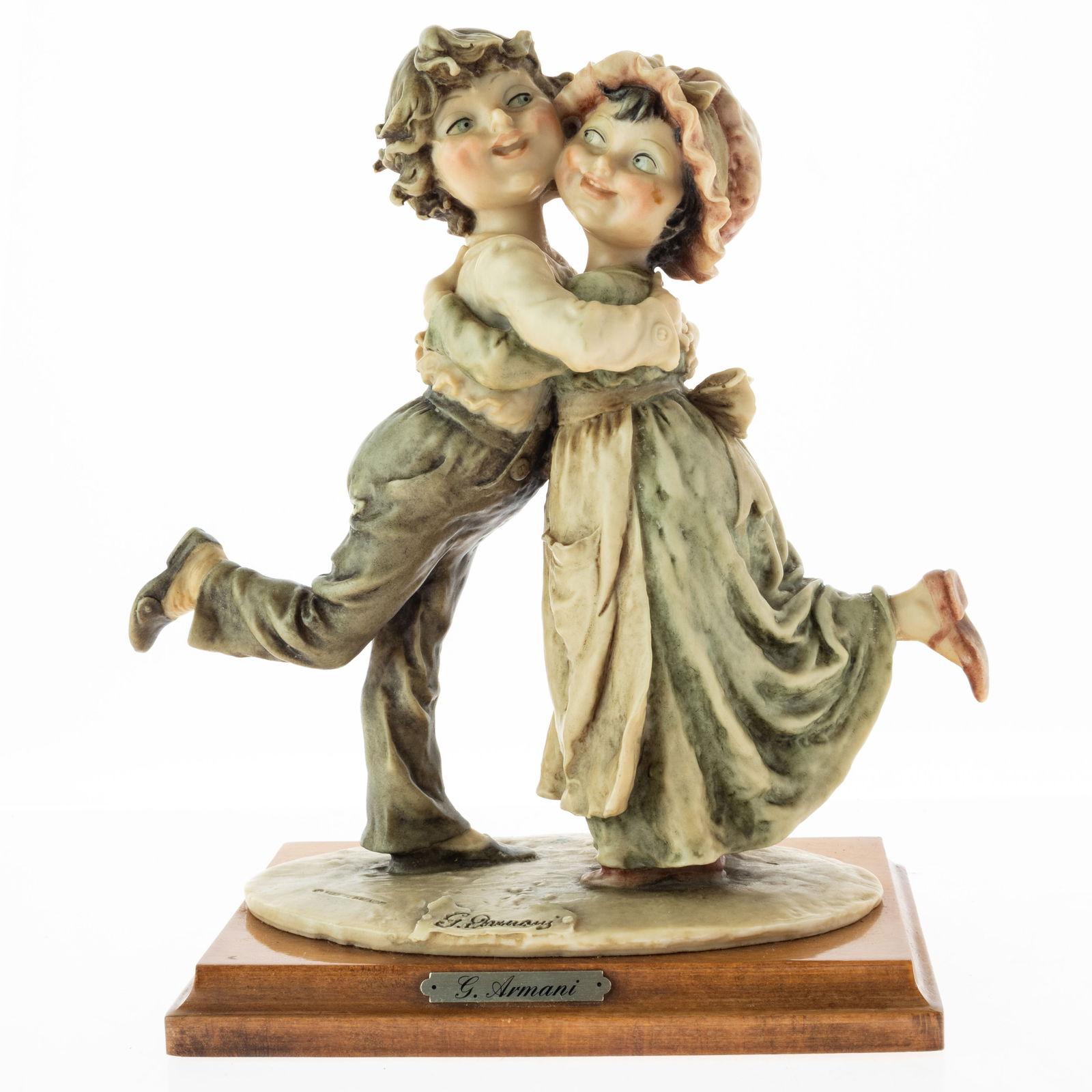 GIUSEPPE CAPODIMONTE SIGNED BOY & GIRL POLYCHROME FIGURE GROUP: Kindly examine all photographs provided in this listing or ask for a condition report. All items offered are in generally good, pre-owned condition, unless otherwise specifically described, sold as se