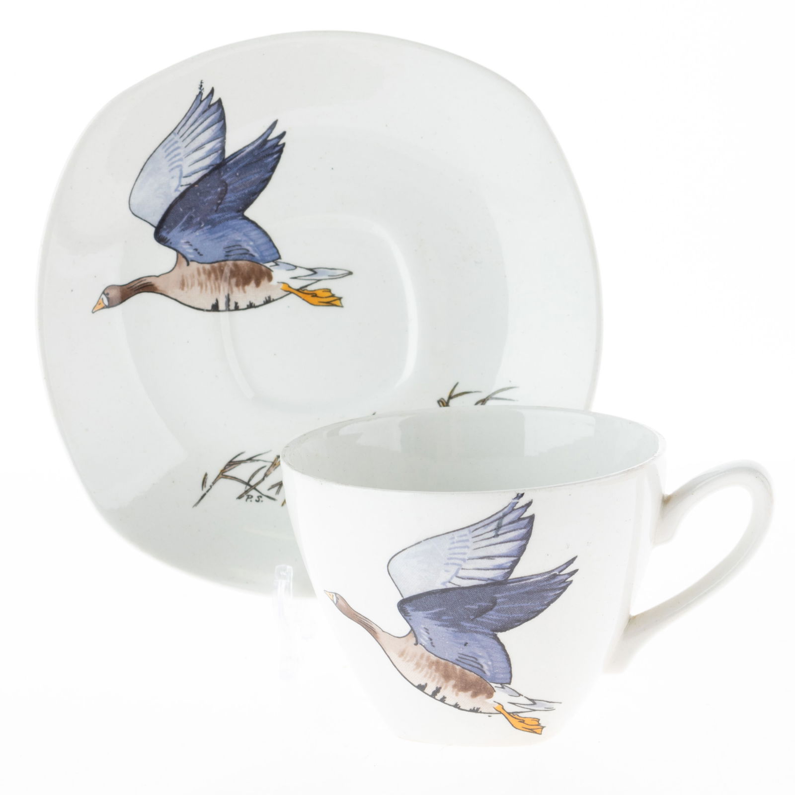 MID CENTURY SIGNED PETER SCOTT WILD GEESE PATTERN TEACUP AND SAUCER (1 of 4)