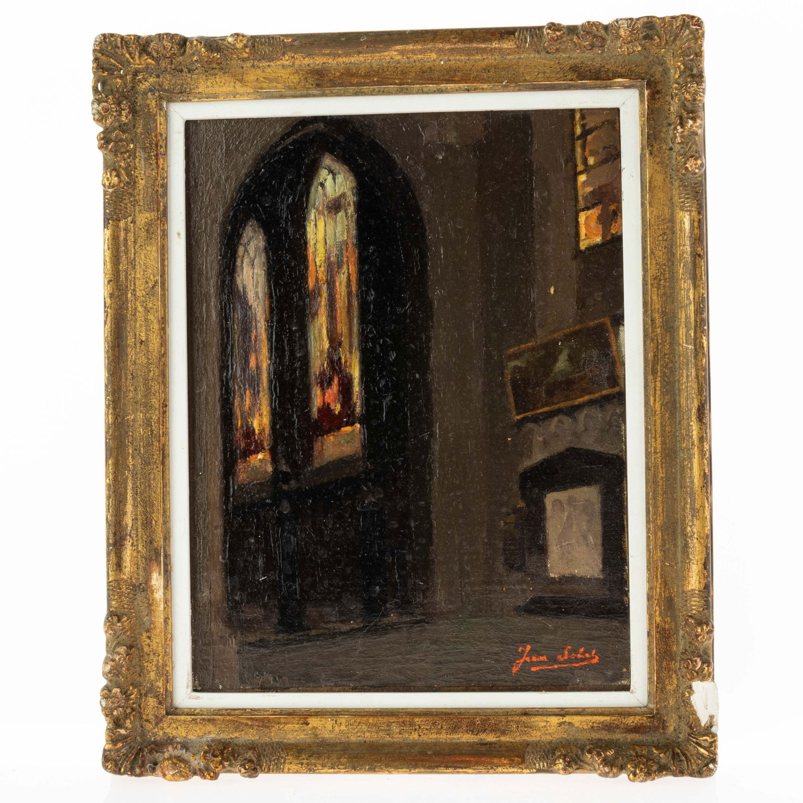 ANTIQUE OIL PAINTING DEPICTING A CATHEDRAL INTERIOR (1 of 3)
