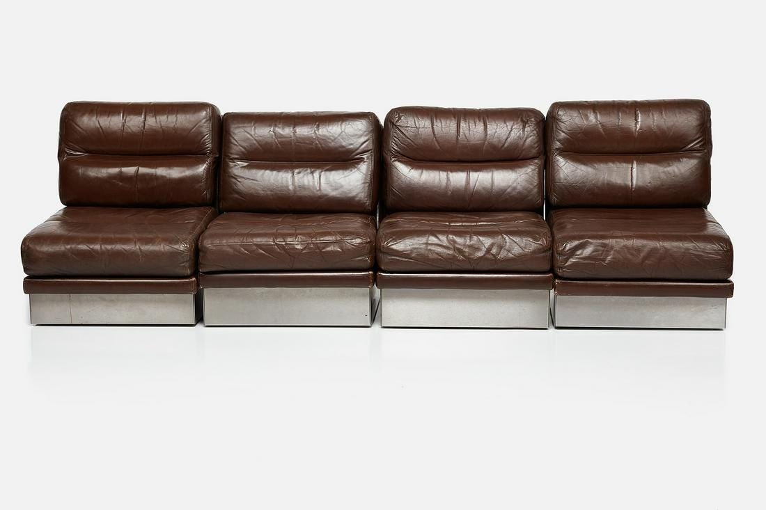 Jacques Charpentier Style, Slipper Chairs (4): Set of four slipper chairs, 1970s Brushed steel, leather. Made in France.