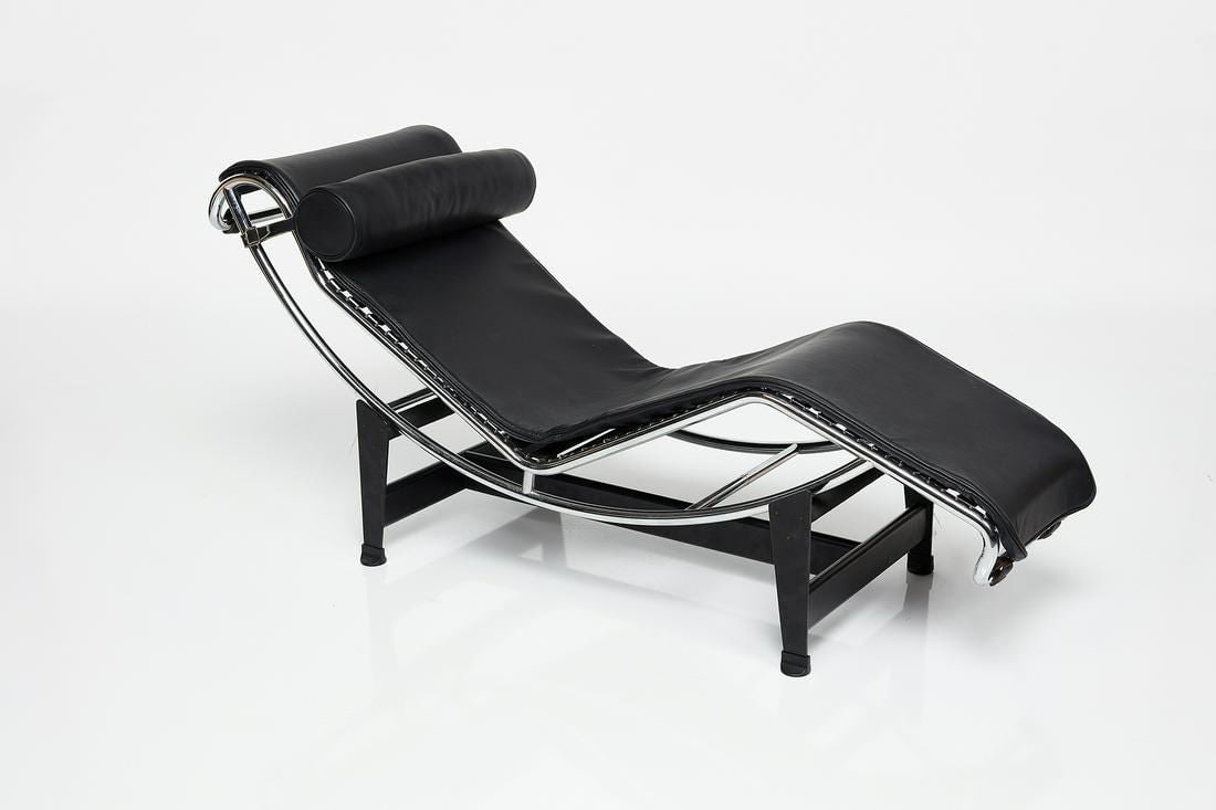 Le Corbusier, 'LC4' Lounge Chaise: 'LC4' chaise lounge from the 1980s, made of chrome-plated tubular steel, enameled metal, leather, and rubber by Cassina, Italy. The base features the manufacturer's sticker.
