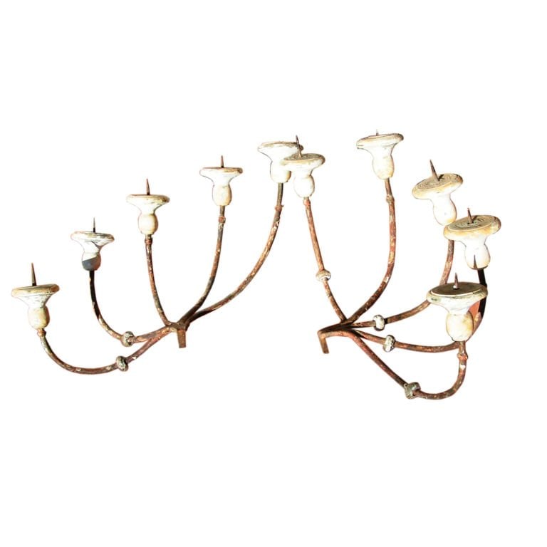 Pair of Italian Candelabra Appliques, circa 18th Century: 1780; wood and metal; Pair of vintage candelabra appliques from the 18th century. This set of two can be used as decorative objects or retrofitted for wall mounting.