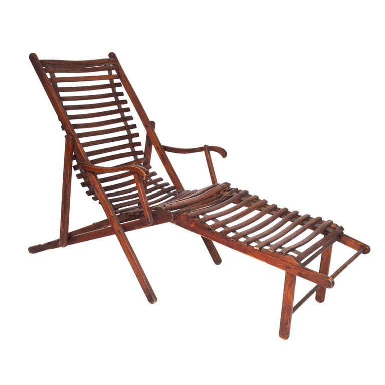 Vintage Slatted Deck Chair: 1940s; Bordeaux; Ash - A vintage French, slatted deck chair/chaise longue from the 1940s. This beautiful chair is constructed from slats of wood with a fabric support. It is for decorative use only an