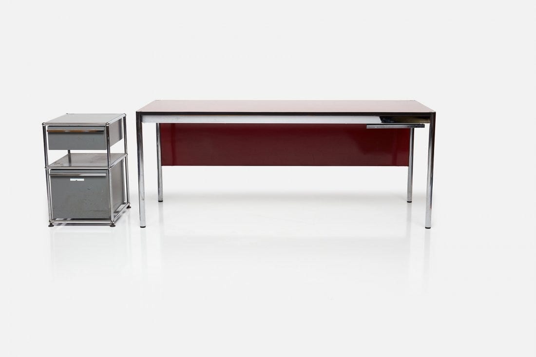 Fritz Haller, Desk and File Cabinet: Chrome-plated steel, plastic laminate, painted sheet steel, plastic