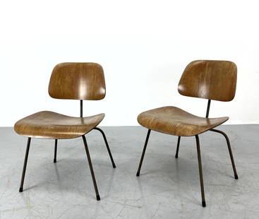 EAMES Herman Miller DCM Molded Wood Chairs (pair): One chair has a loose/wobbly back panel, cracking rubber stops, and finish wear.