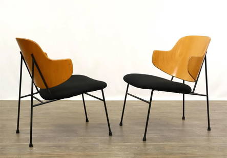 Ib Kofod-Larsen Penguin Chairs (pair): Available for separate sale upon inquiry. Pair of chairs with molded birch plywood backs, black iron frames, and textured seats. Made in Denmark. One chair requires replacement of back screws. Dimensi