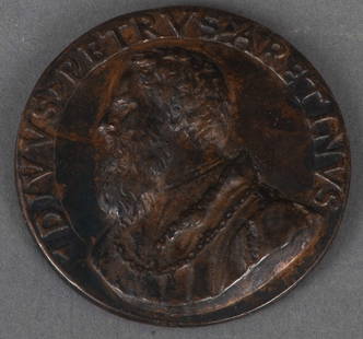 Leone Leoni (1509-1590) attrib. Bronzemedaille auf Pietro Aretino (Bacci) (1492-1556), den: Leone Leoni (1509-1590) attrib. Bronzemedaille auf Pietro Aretino (Bacci) (1492-1556), den berühmten Dichter, Schriftsteller und Satiriker. Av: „DIVVS PETRUS ARETINUS“ (=Der Göttliche Petrus Are