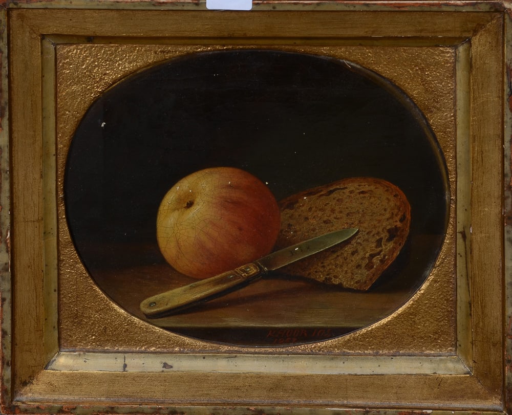 Jozsef Khoor (1817-1880). Stillleben mit Brot, Apfel und Messer. Öl/Lw., re./mittig/sign./: Jozsef Khoor (1817-1880). Stillleben mit Brot, Apfel und Messer. Öl/Lw., re./mittig/sign./dat. 1857, gerahmt, 19,5 x 23,5 cm.