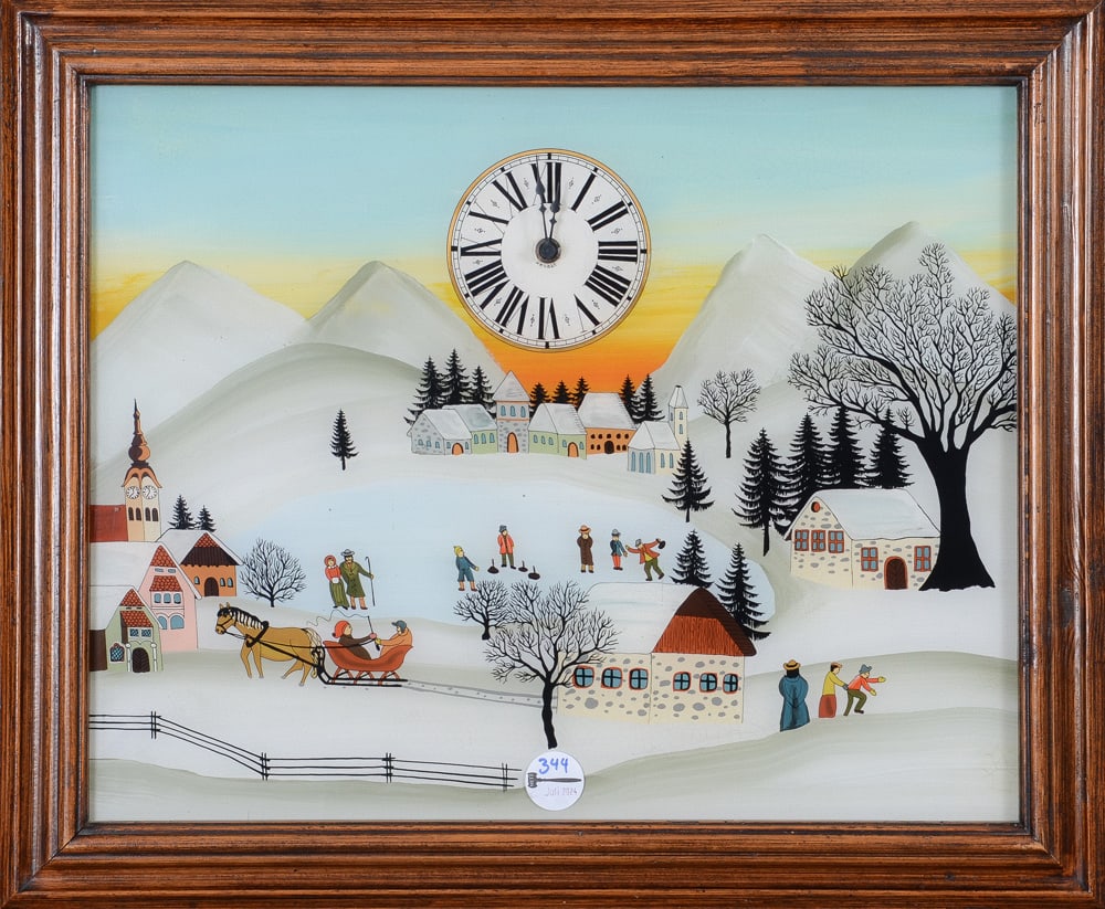 Renate Koblinger-Drobar (*1943). Bilderuhr mit Winterlandschaft, Dorf, Personenstaffage un (1 of 1)
