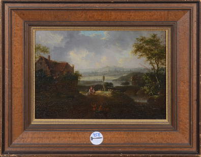 Christian Georg Schütz d.Ä. (1718-1791) attrib. Landschaft mit Personenstaffage und Stadtv: Christian Georg Schütz d.Ä. (1718-1791) attrib. Landschaft mit Personenstaffage und Stadtvedute im Hintergrund. Öl/Lw., gerahmt, 23 x 33 cm. Die Stellungnahme von Prof. Dr. phil. Justus Müller Hof