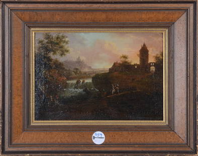 Christian Georg Schütz d.Ä. (1718-1791) attrib. Flusslandschaft mit Personenstaffage, Wass: Christian Georg Schütz d.Ä. (1718-1791) attrib. Flusslandschaft mit Personenstaffage, Wasserfall und Turmruine. Öl/Lw., gerahmt, 23 x 33 cm. Die Stellungnahme von Prof. Dr. phil. Justus Müller Hof