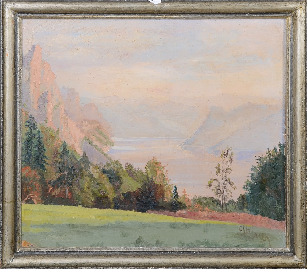Fritz Hafner (1877-1964) attrib. "Blick auf den Traunsee". oel/Lw., re./u./sign., verso be (1 of 2)