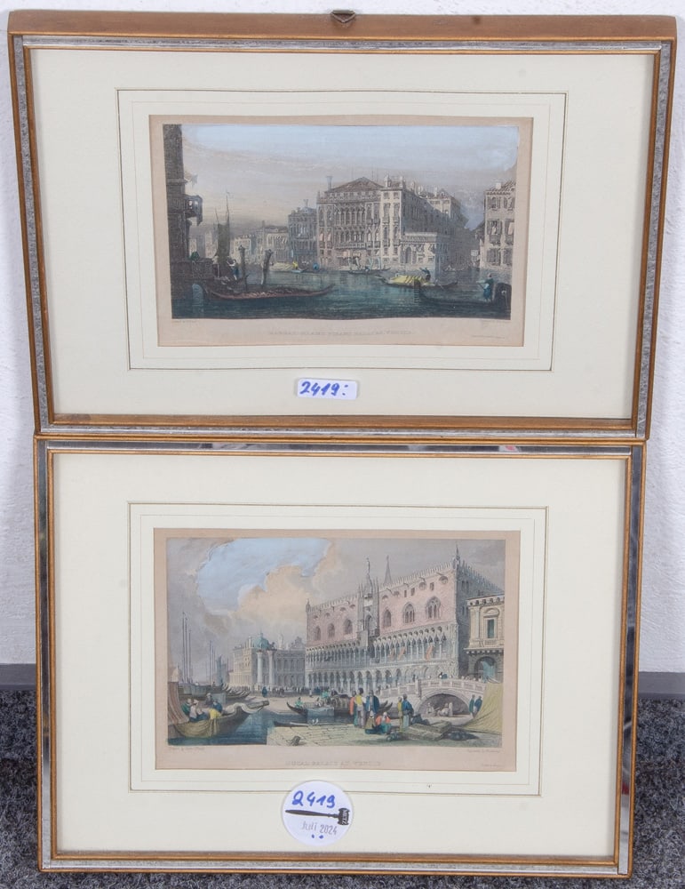Samuel Prout (1783-1852). Zwei Ansichten von Venedig. Je colorierter Stahlstich, li./u./si: Samuel Prout (1783-1852). Zwei Ansichten von Venedig. Je colorierter Stahlstich, li./u./sign., mit Passepartout hi,/Gl. gerahmt, 9,5 x 14 cm.