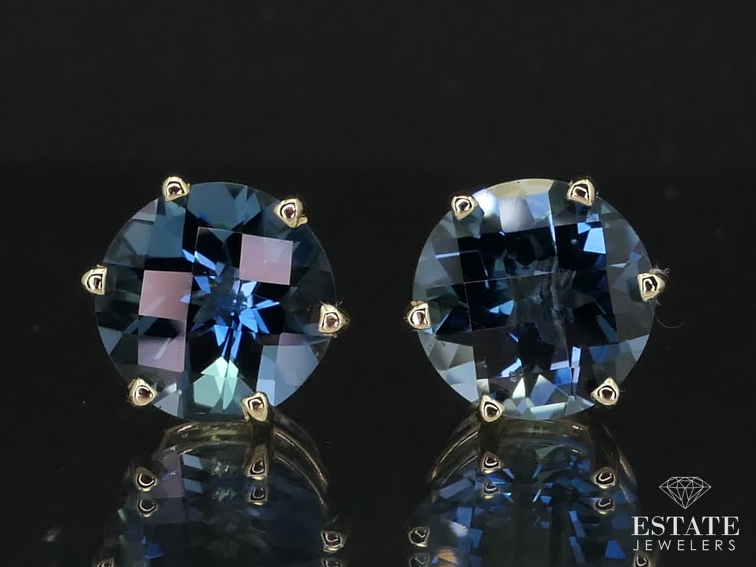 14k Yellow Gold Round Natural 10ctw London Blue Topaz Stud Earrings 5g i12251 (1 of 3)