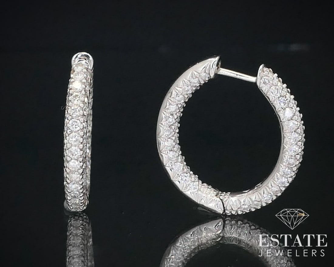 18k White Gold Natural 3.12ctw Diamond Hoop Inside Out Earrings 6.8g i13830 (1 of 3)