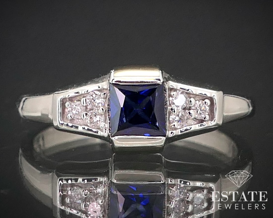 Estate 14k White Gold Natural Blue Sapphire & Diamond Ladies Ring 2.8g i13672 (1 of 5)