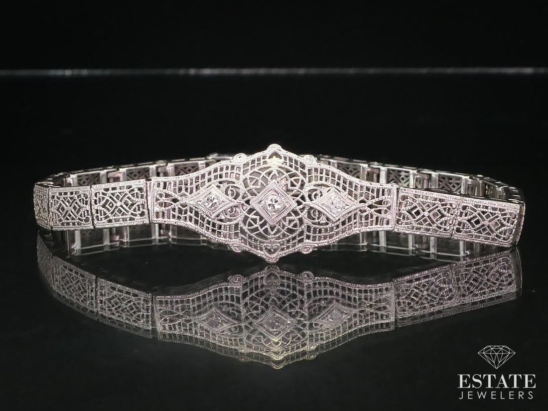 Antique Edwardian 14k White Gold Natural Diamond Filigree Bracelet 10.2g i12805 (1 of 5)