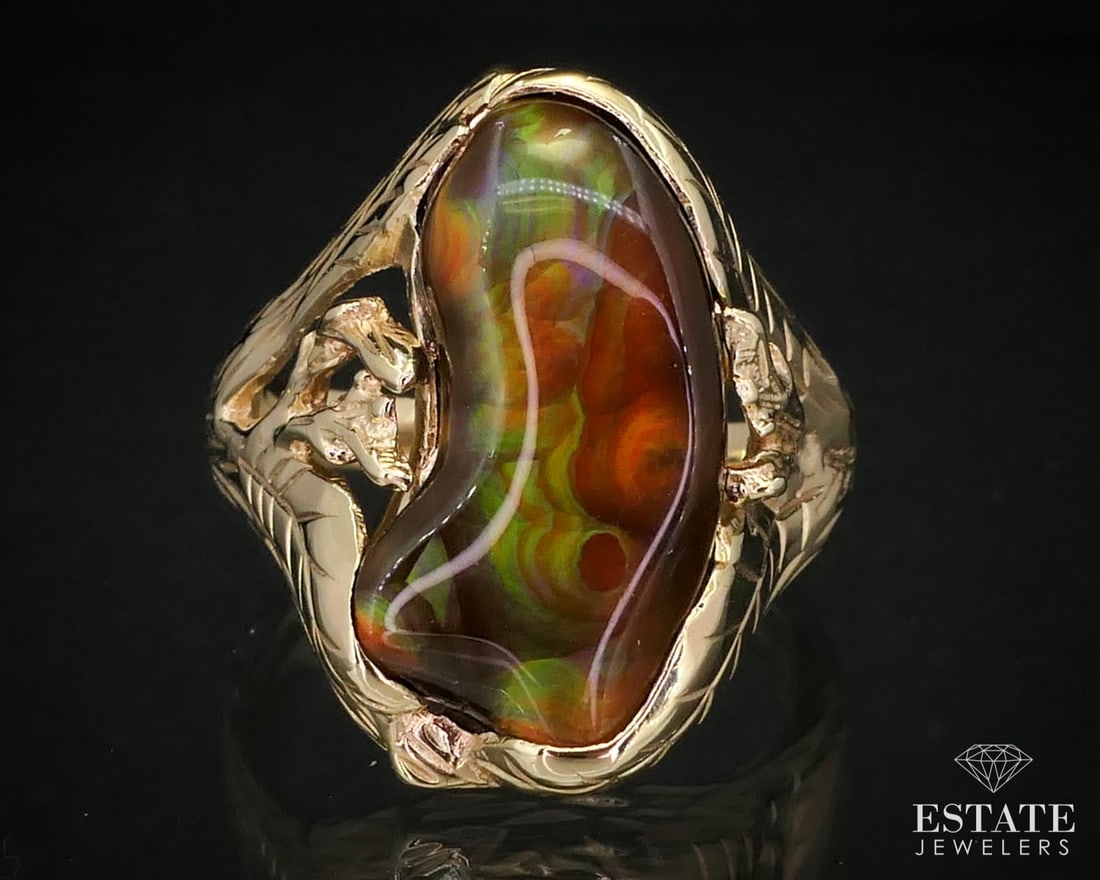 14k Yellow Gold Natural Fire Agate Leafy Ladies Band Ring 9.7g i12734 (1 of 5)