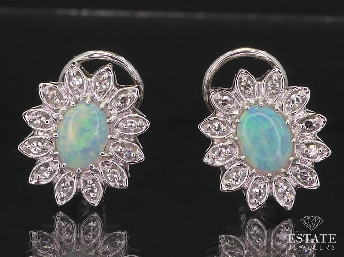 Antique 14k White Gold Natural Opal & Diamond Omega Back Earrings 6.1g i12699 (1 of 5)