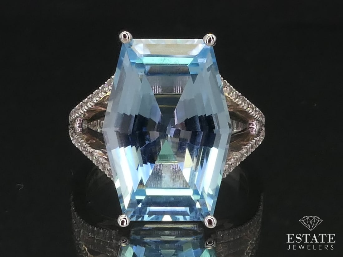 Estate 14k White Gold Natural Blue Topaz & Diamond Ring 9.2g i12686 (1 of 5)