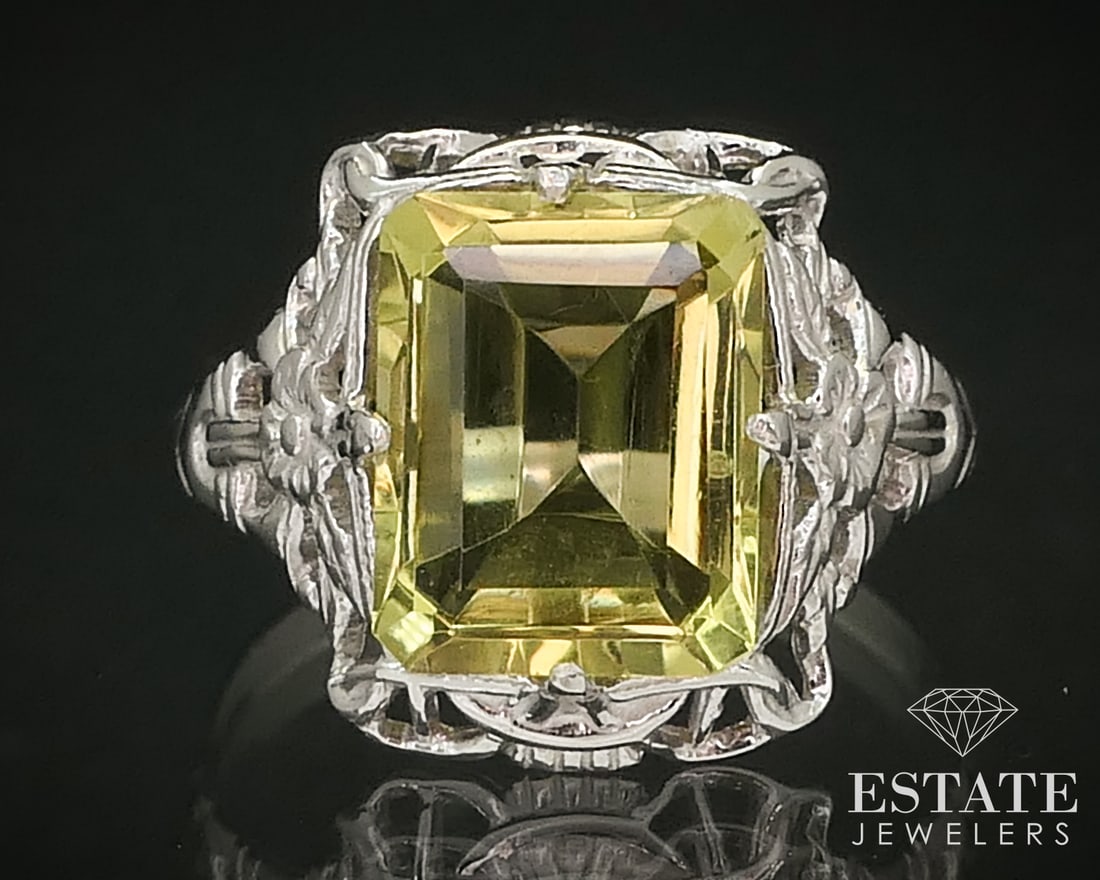 Antique 14k White Gold Emerald Natural 3.25ct Lemon Quartz Filigree Ring 2.3g (1 of 4)