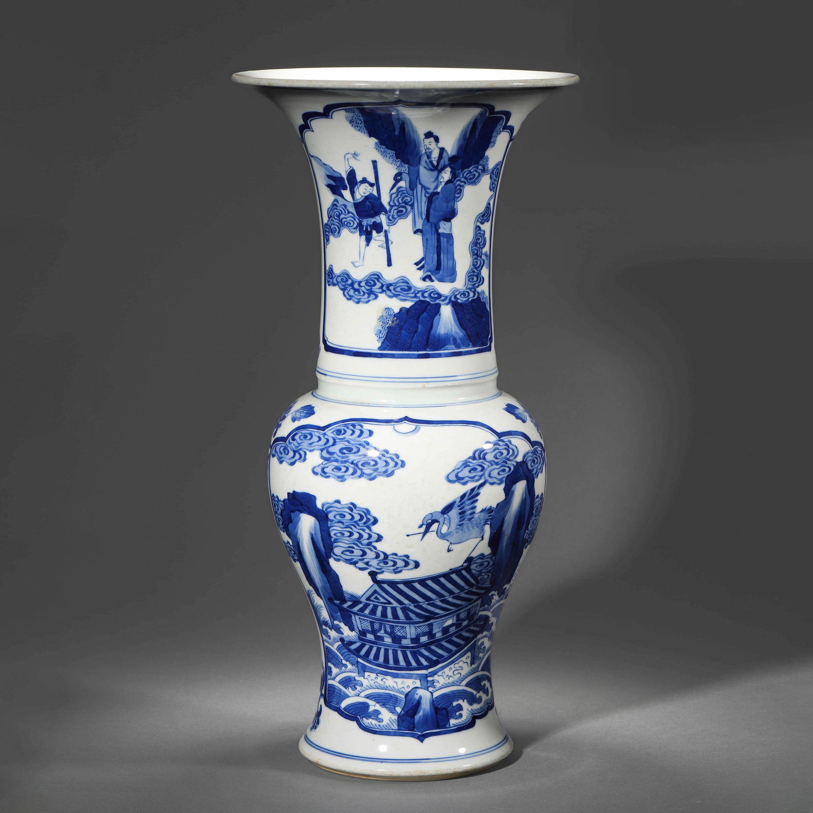 Qing Kangxi Blue and White Human Figure Pattern Phoenix Tail Zun (1 of 12)