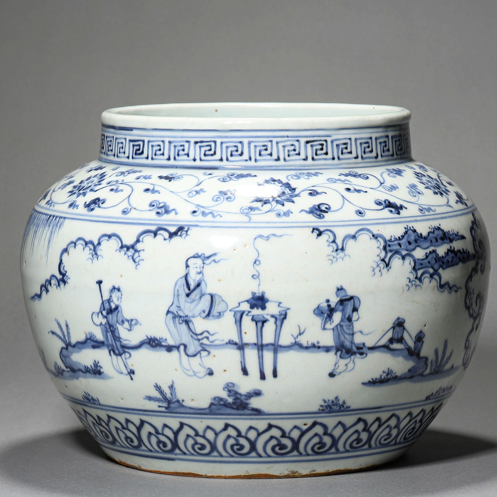 A CHINESE BLUE AND WHITE JAR WITH FIGURAL SCENES. (1 of 3)